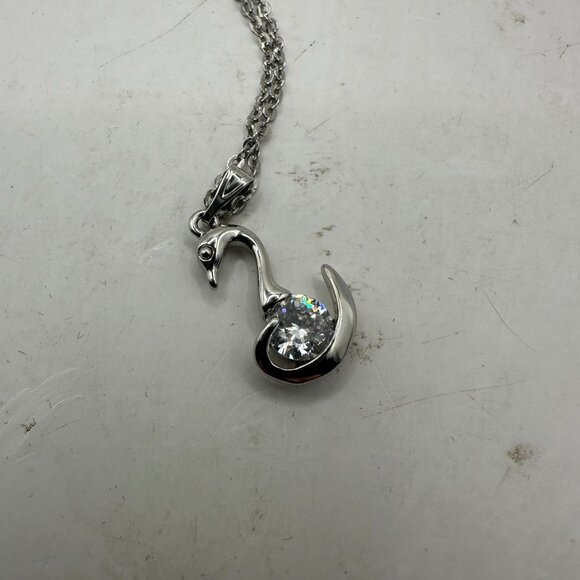 Swan Pendant Necklace With Clear Crystal On Silver-Tone Chain - Picture 3 of 4
